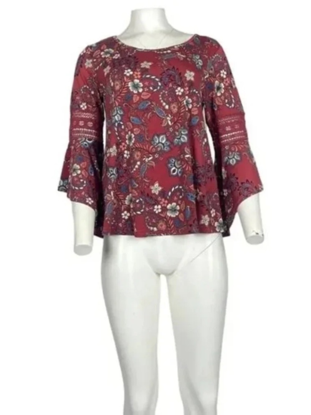 Stem & Vine Burgundy Floral Bell Sleeve Boho Top Small - Picture 2 of 5